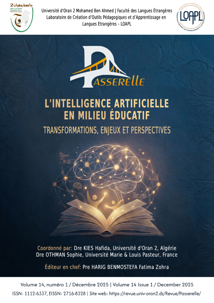 Cover of the academic journal Passerelle published by the University of Oran 2 and the LOAPL laboratory. The design shows a dark blue textured background with the Passerelle logo at the top. The main title reads “L’intelligence artificielle en milieu éducatif” with the subtitle “Transformations, enjeux et perspectives.” At the center, an open book emits light forming a stylized glowing brain connected by network nodes, symbolizing artificial intelligence and knowledge. At the bottom, editorial credits list the coordinators and editor in chief, along with volume 14, issue 1, December 2025, and the ISSN and website information.